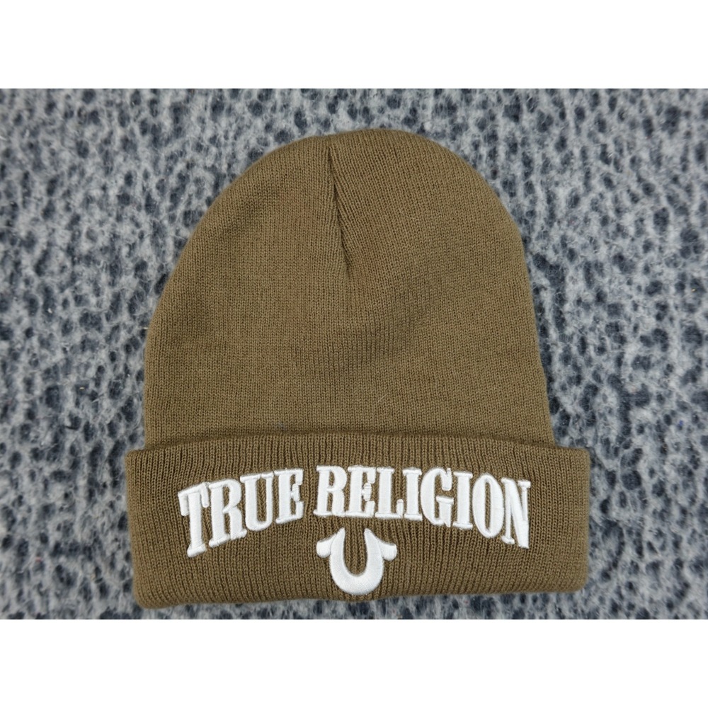 True Religion Beanie Hat Olive Brown White Embroidered Horseshoe Logo Cuffed OS